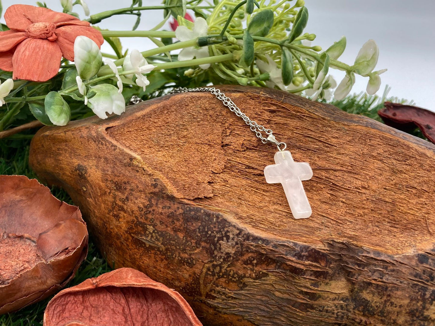 Rose Quartz Crystal Cross Sterling Steel Necklace