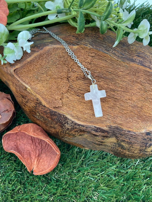 Rose Quartz Crystal Cross Sterling Steel Necklace