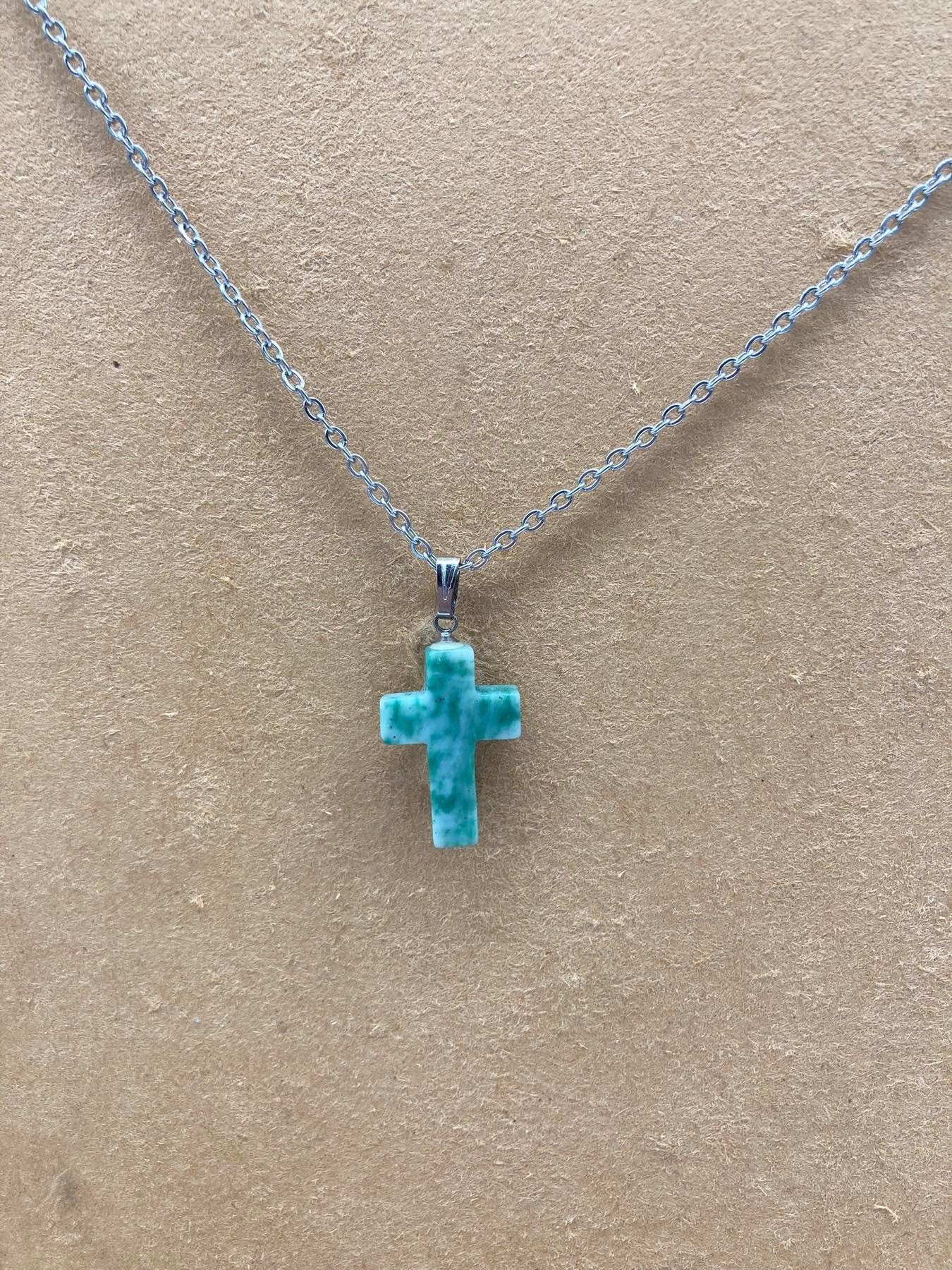 Amazonite Crystal Cross Sterling Steel Necklace