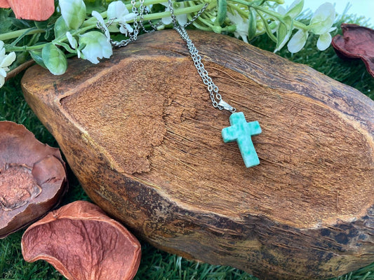 Amazonite Crystal Cross Sterling Steel Necklace