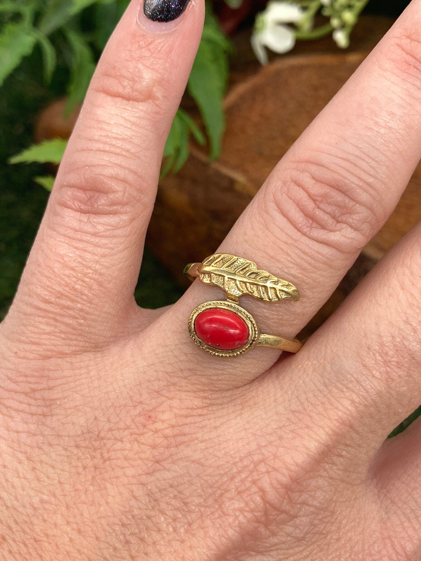 Natural Red Coral Brass Ring