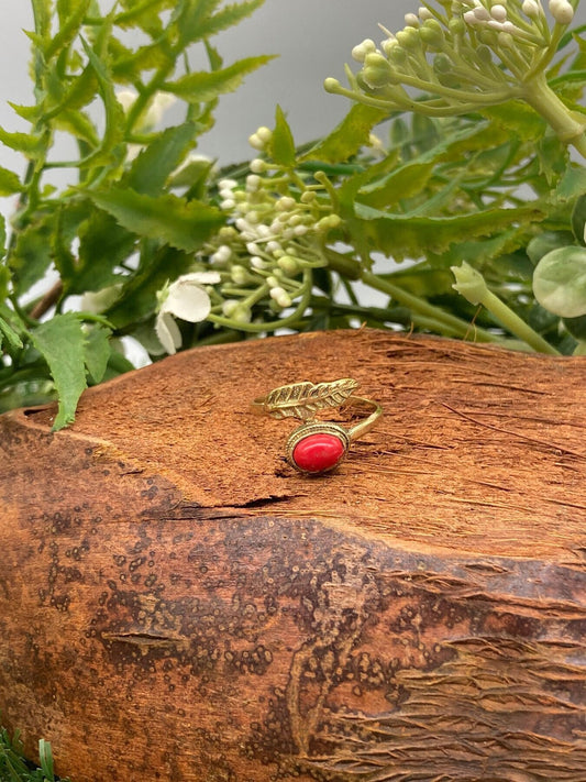Natural Red Coral Brass Ring