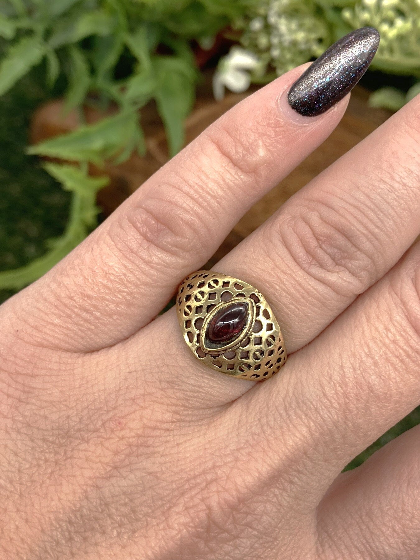 Red Garnet Crystal Brass Ring