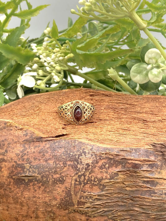 Red Garnet Crystal Brass Ring