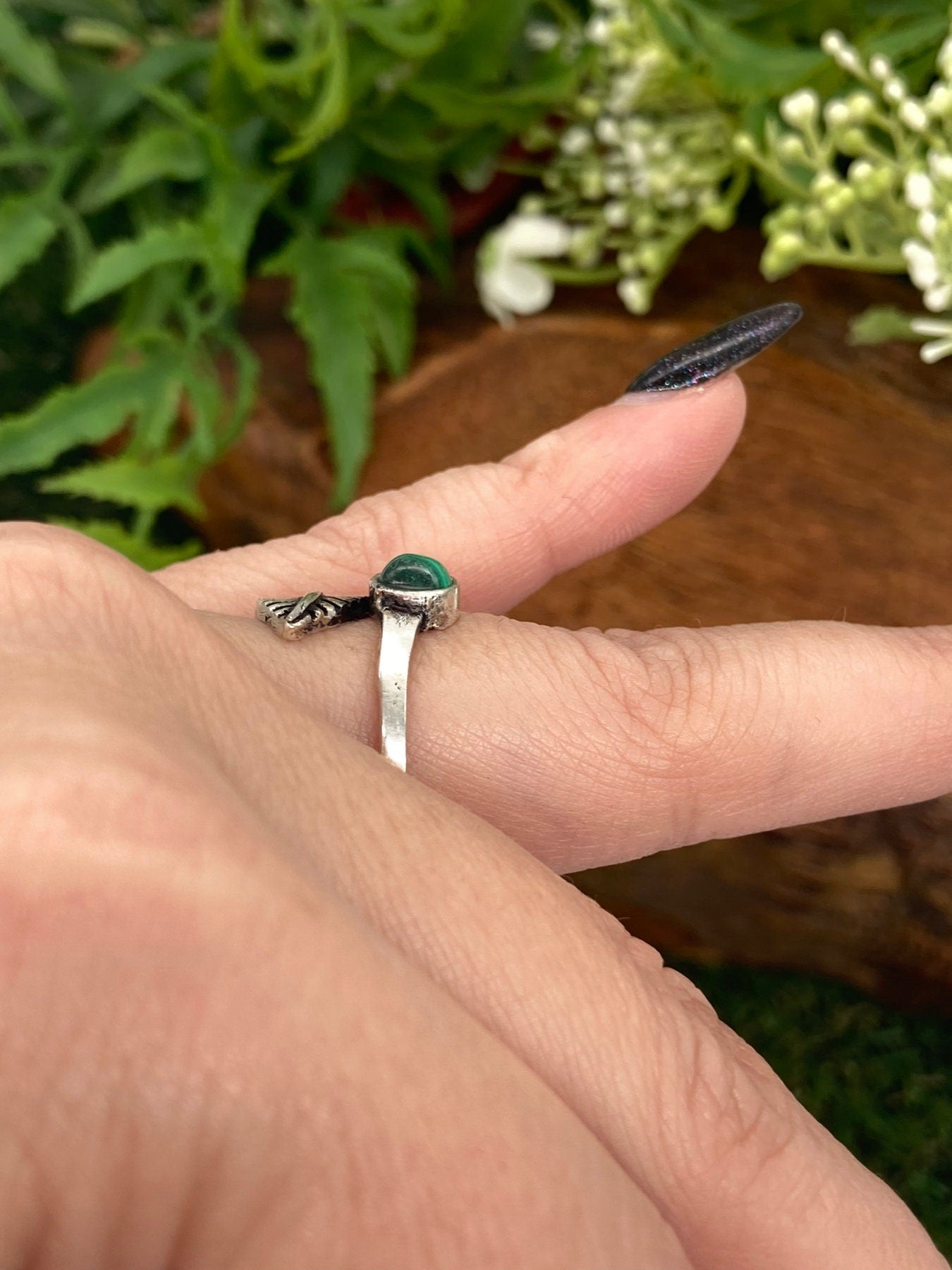 Malachite Crystal Silver Plated Adjustable Ring