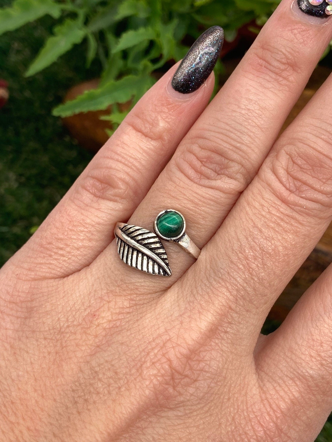 Malachite Crystal Silver Plated Adjustable Ring