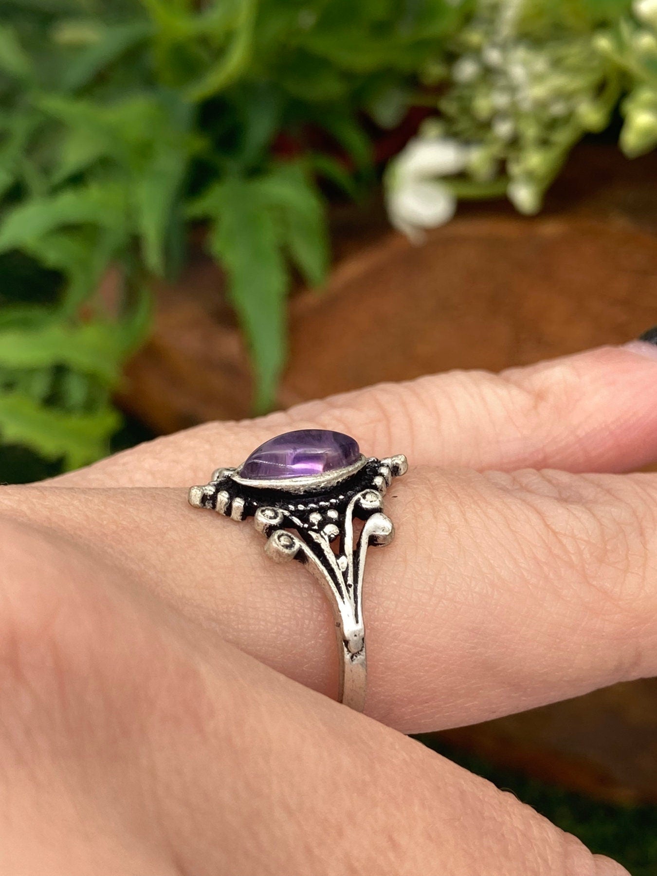 Amethyst Crystal Silver Plated Adjustable Ring