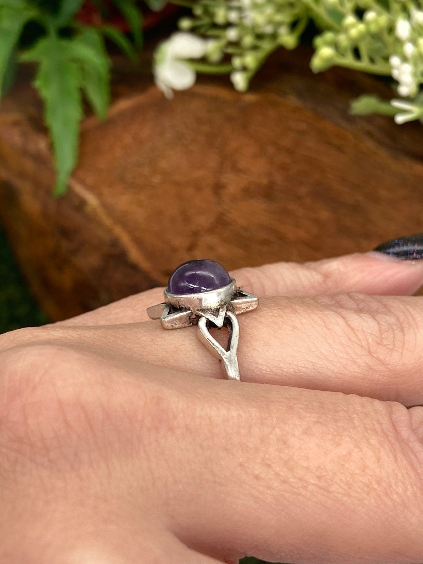 Amethyst Crystal Silver Plated Adjustable Ring