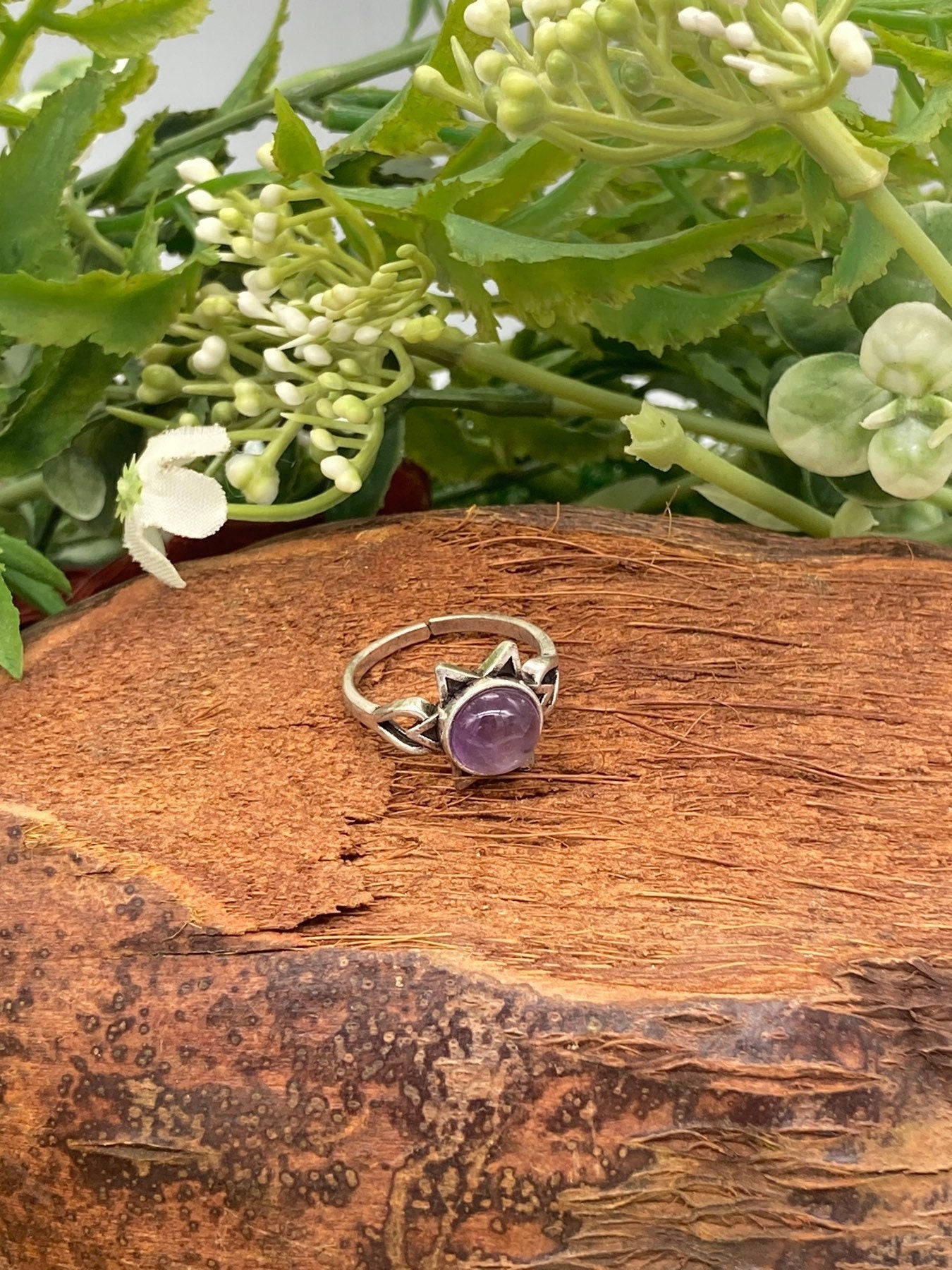 Amethyst Crystal Silver Plated Adjustable Ring
