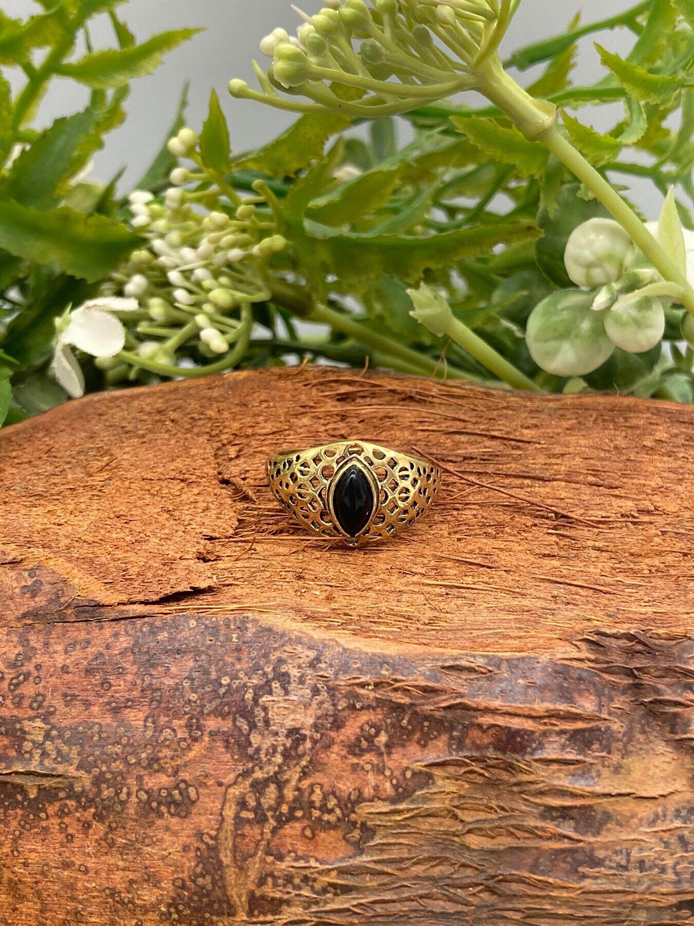 Black Obsidian Crystal Brass Ring