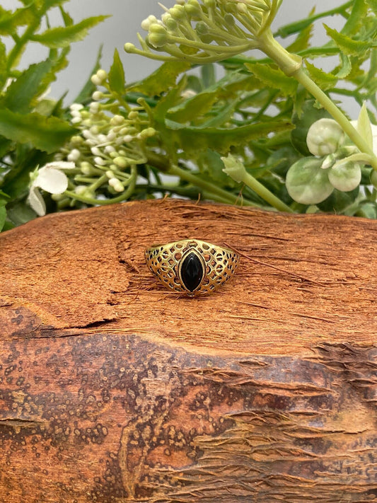 Black Obsidian Crystal Brass Ring