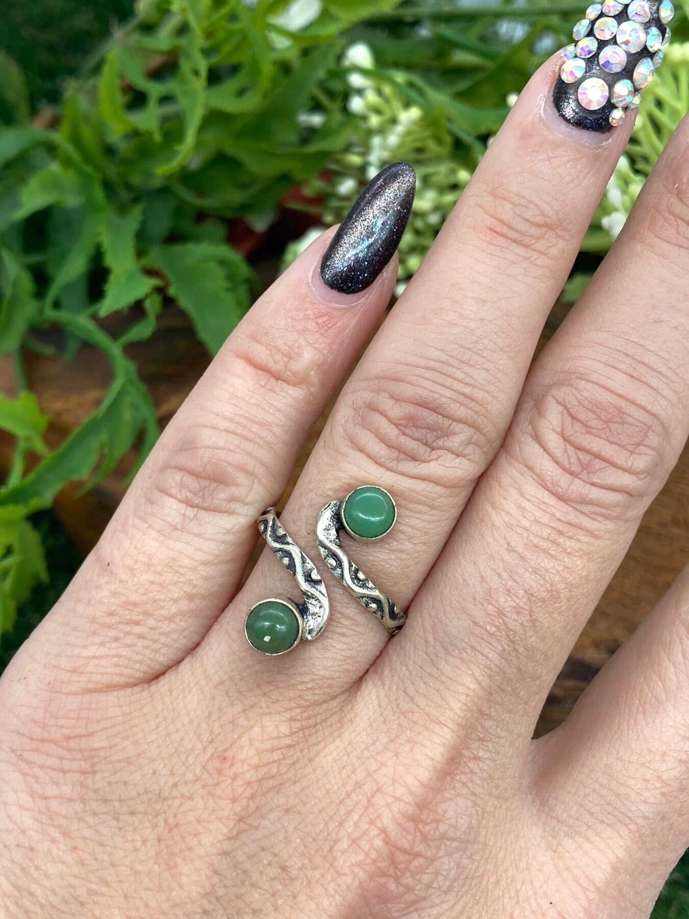 Jade Crystal Silver Plated Adjustable Ring
