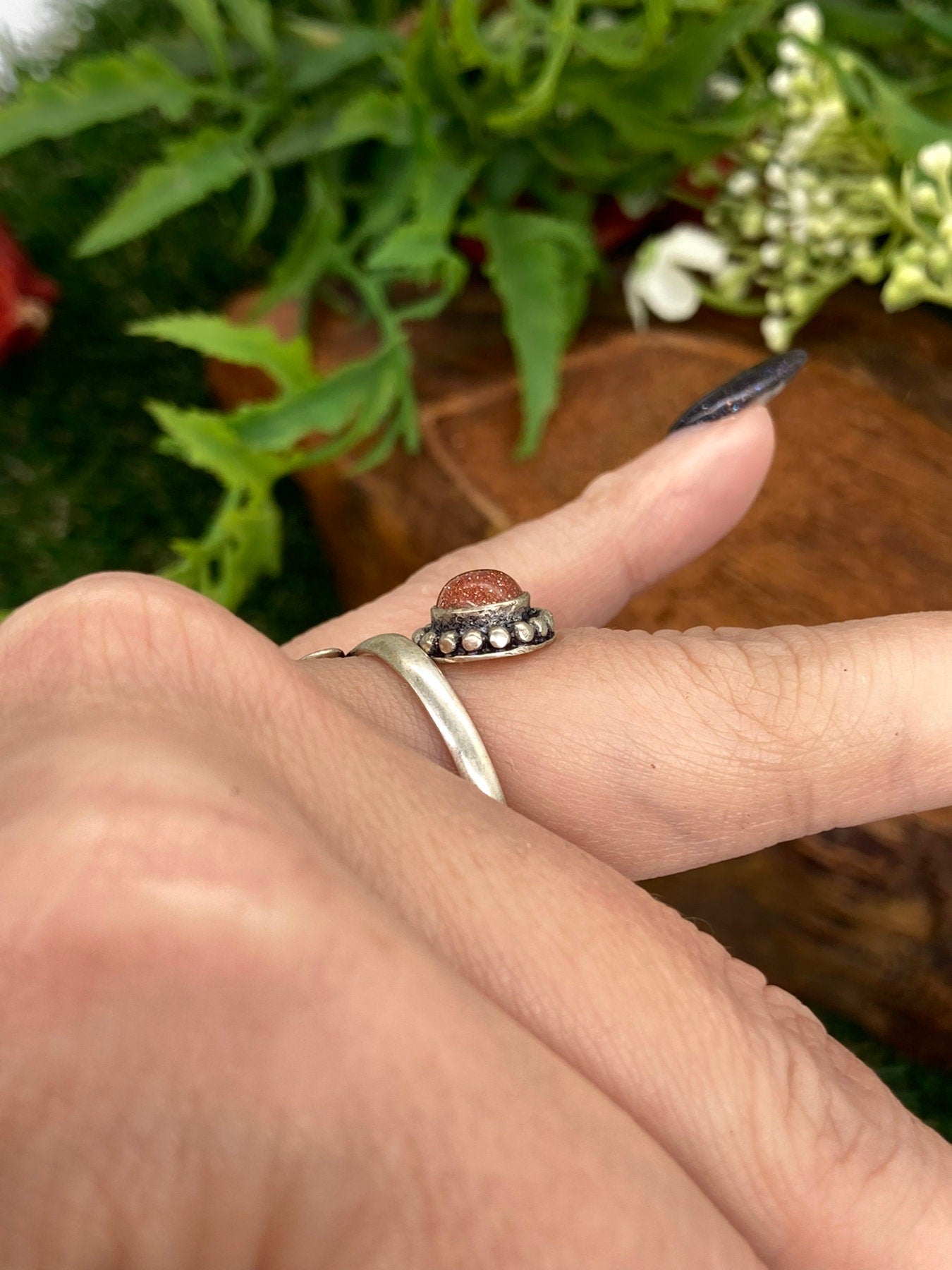 Goldstone Crystal Silver Plated Adjustable Ring