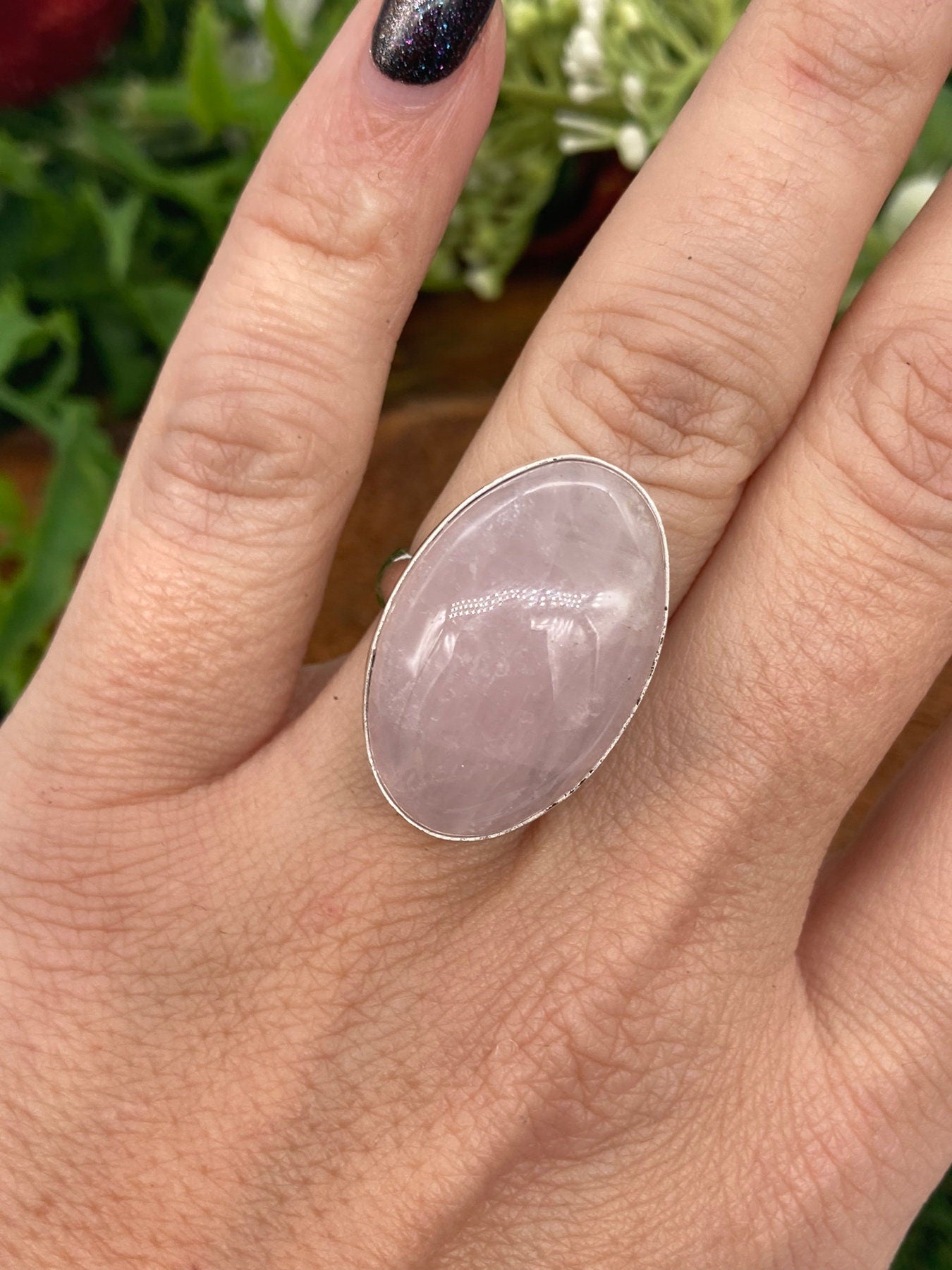 Rose Quartz Crystal Silver Plated Adjustable Statement Ring