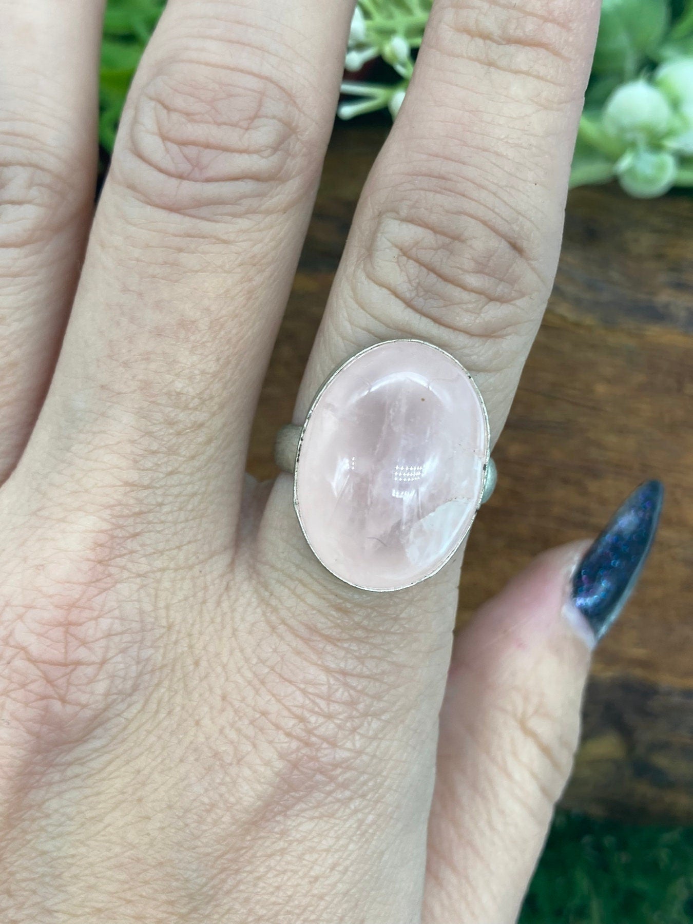 Rose Quartz Crystal Silver Plated Adjustable Statement Ring