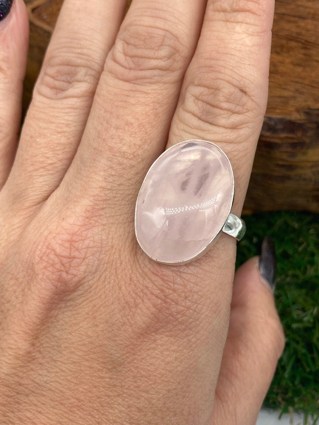 Rose Quartz Crystal Silver Plated Adjustable Statement Ring