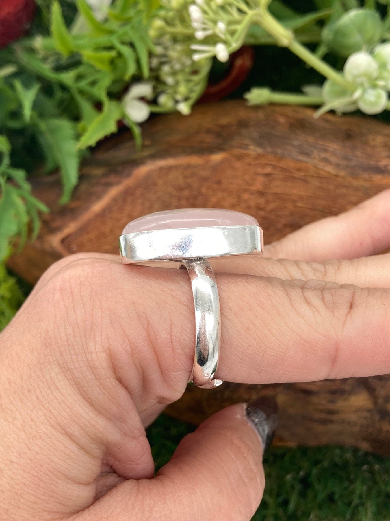 Rose Quartz Crystal Silver Plated Adjustable Statement Ring