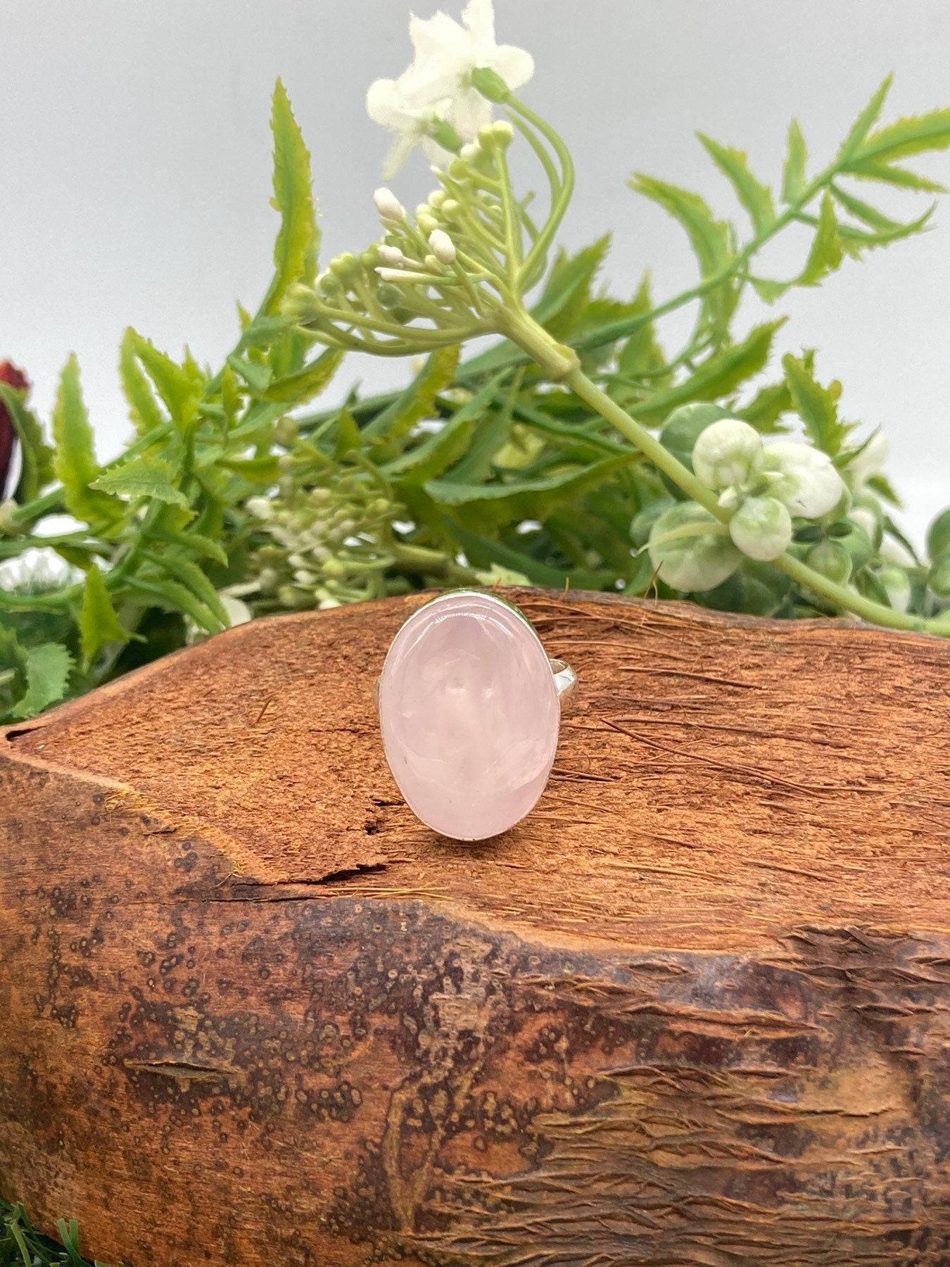 Rose Quartz Crystal Silver Plated Adjustable Statement Ring