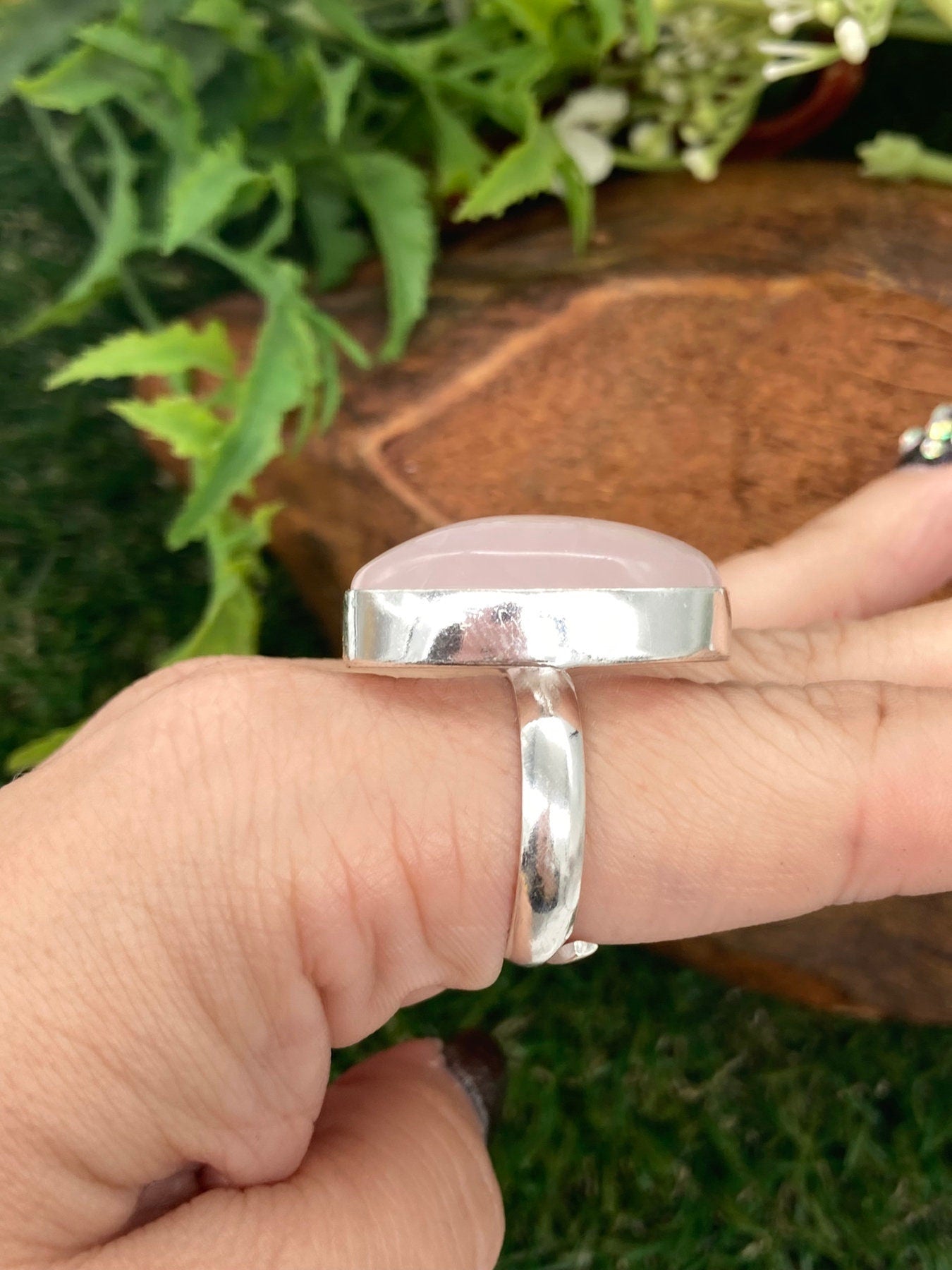 Rose Quartz Crystal Silver Plated Adjustable Statement Ring