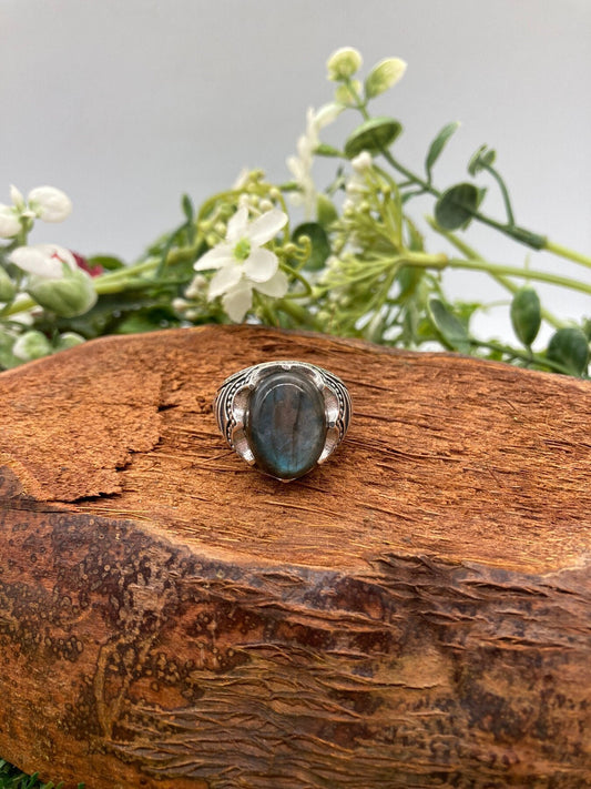Labradorite Crystal Sterling Silver 925 Cabochon Cut Statement Ring Top Quality Handmade