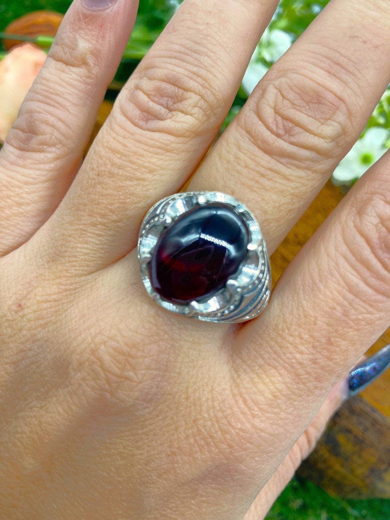 Red Garnet Crystal Sterling Silver 925 Cabochon Cut Statement Ring Top Quality Handmade