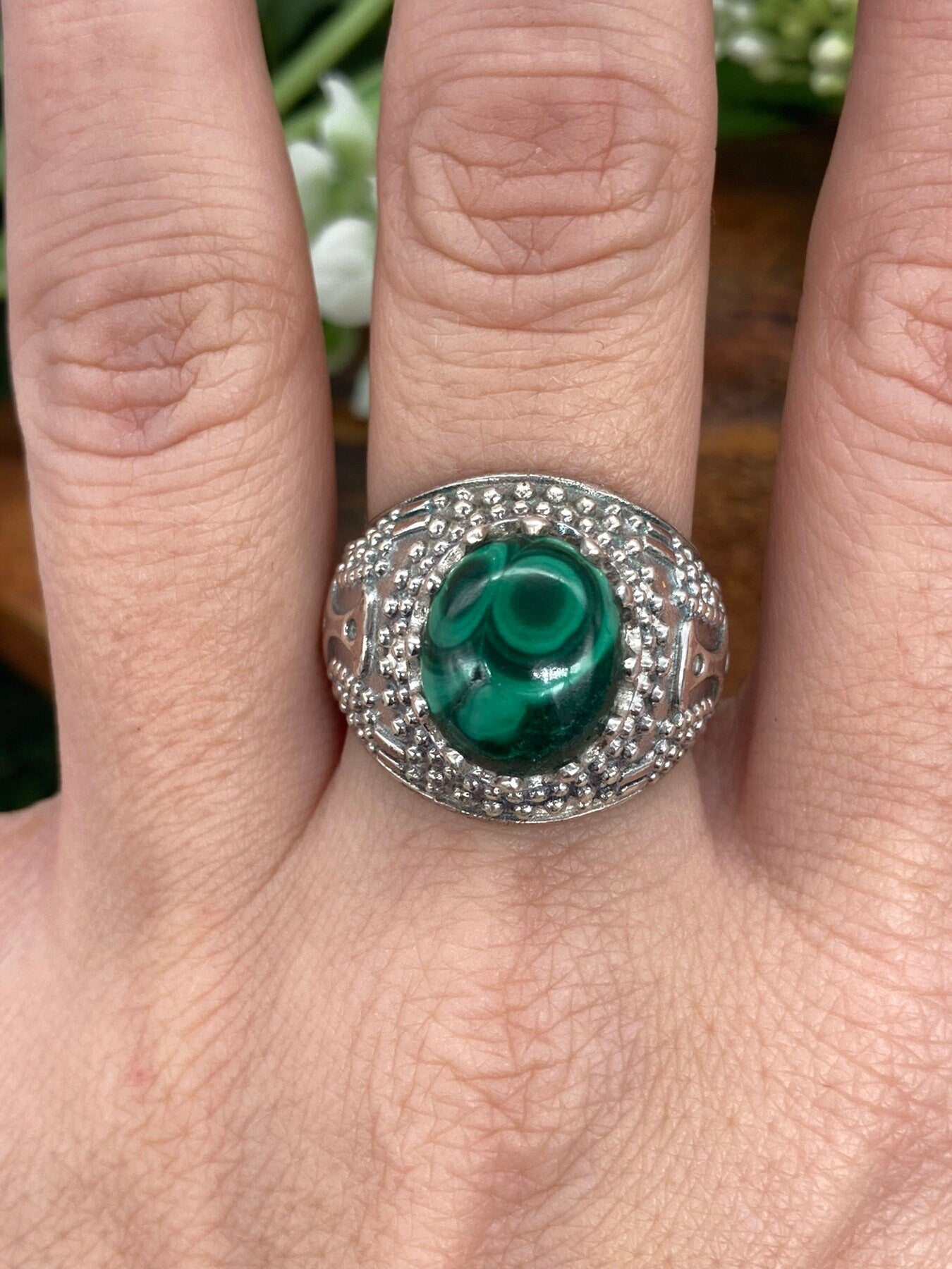 Malachite Crystal Sterling Silver 925 Cabochon Cut Statement Ring Top Quality Handmade