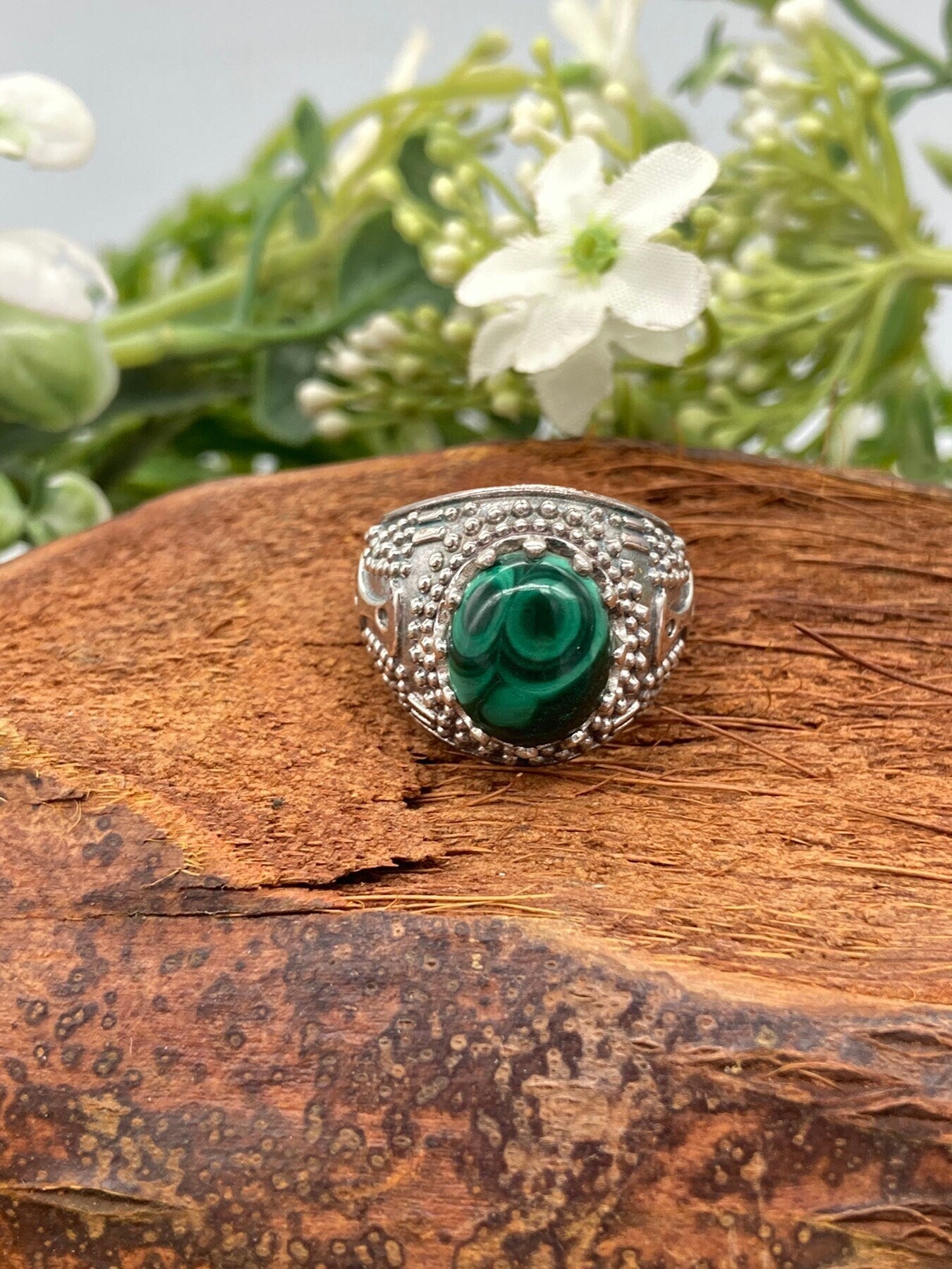 Malachite Crystal Sterling Silver 925 Cabochon Cut Statement Ring Top Quality Handmade