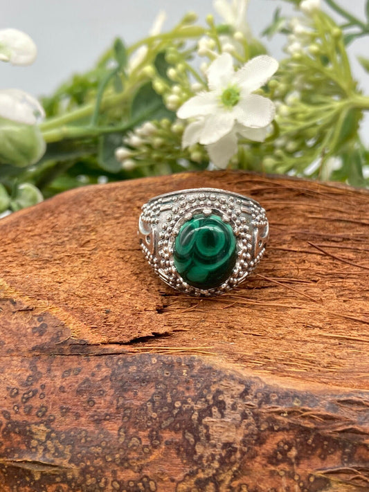 Malachite Crystal Sterling Silver 925 Cabochon Cut Statement Ring Top Quality Handmade