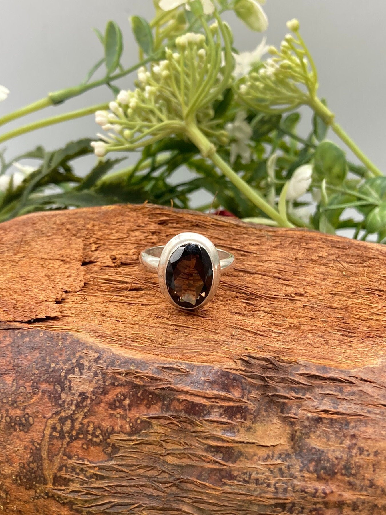 Smoky Quartz Crystal Silver 925 Faceted Ring Top Quality Handmade
