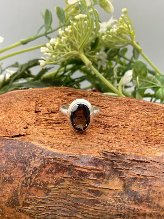 Smoky Quartz Crystal Silver 925 Faceted Ring Top Quality Handmade