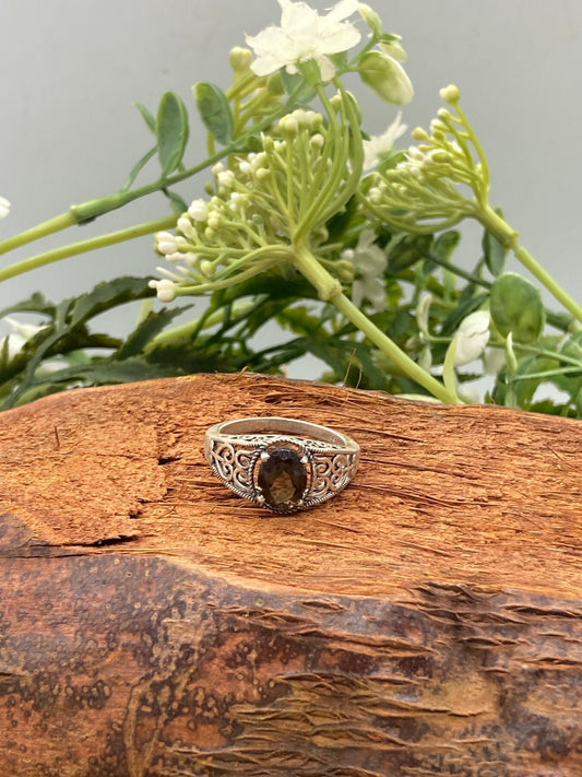 Smoky Quartz Crystal Silver 925 Faceted Ring Top Quality Handmade dainty