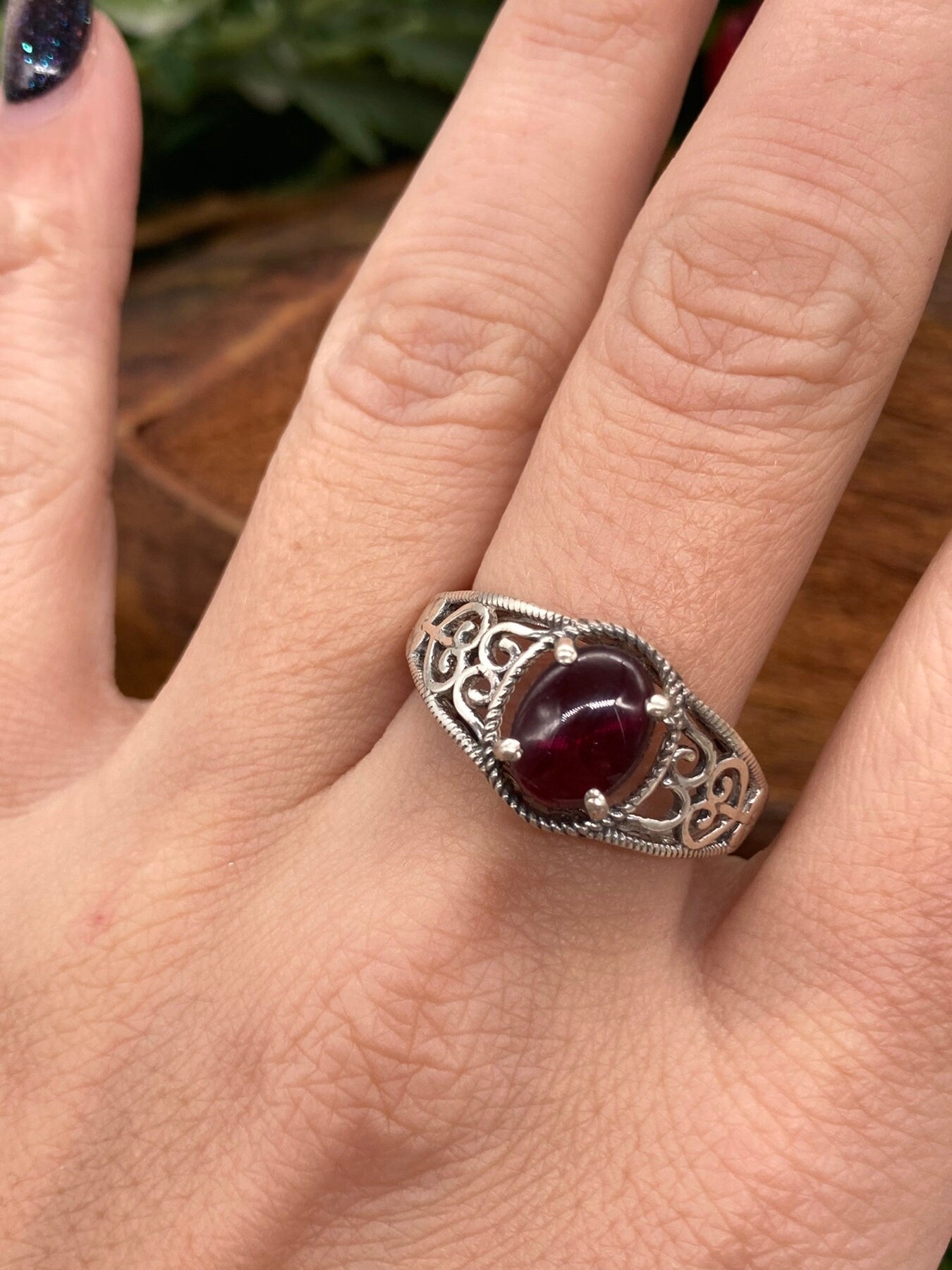 Red Garnet Crystal Sterling Silver 925 Ring Top Quality Handmade Cabochon Cut Dainty