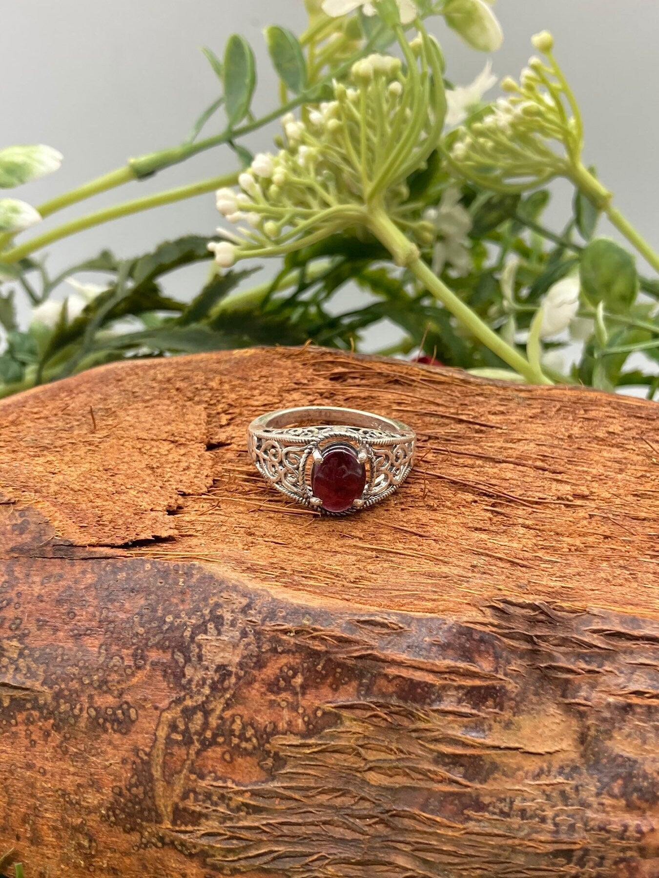 Red Garnet Crystal Sterling Silver 925 Ring Top Quality Handmade Cabochon Cut Dainty