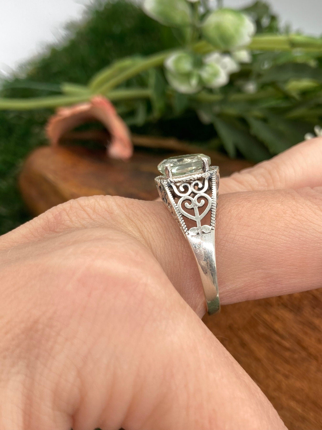 Green Amethyst Crystal Silver 925 Faceted Ring Top Quality Handmade Dainty