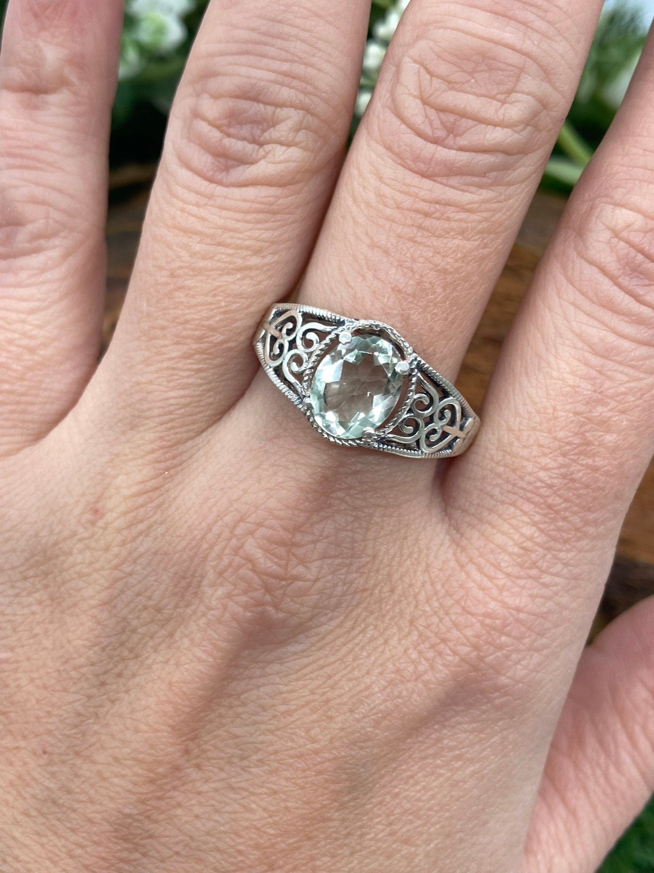 Green Amethyst Crystal Silver 925 Faceted Ring Top Quality Handmade Dainty