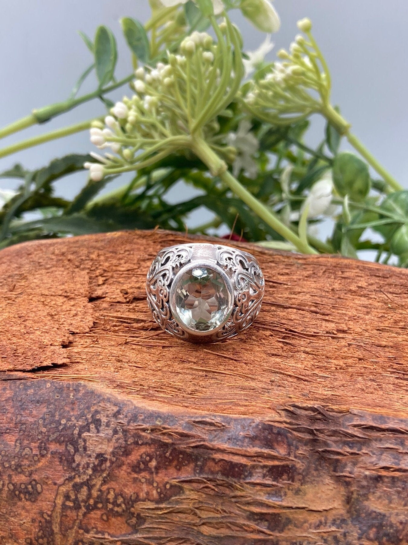 Green Amethyst Crystal Silver 925 Faceted Statement Ring Top Quality Handmade