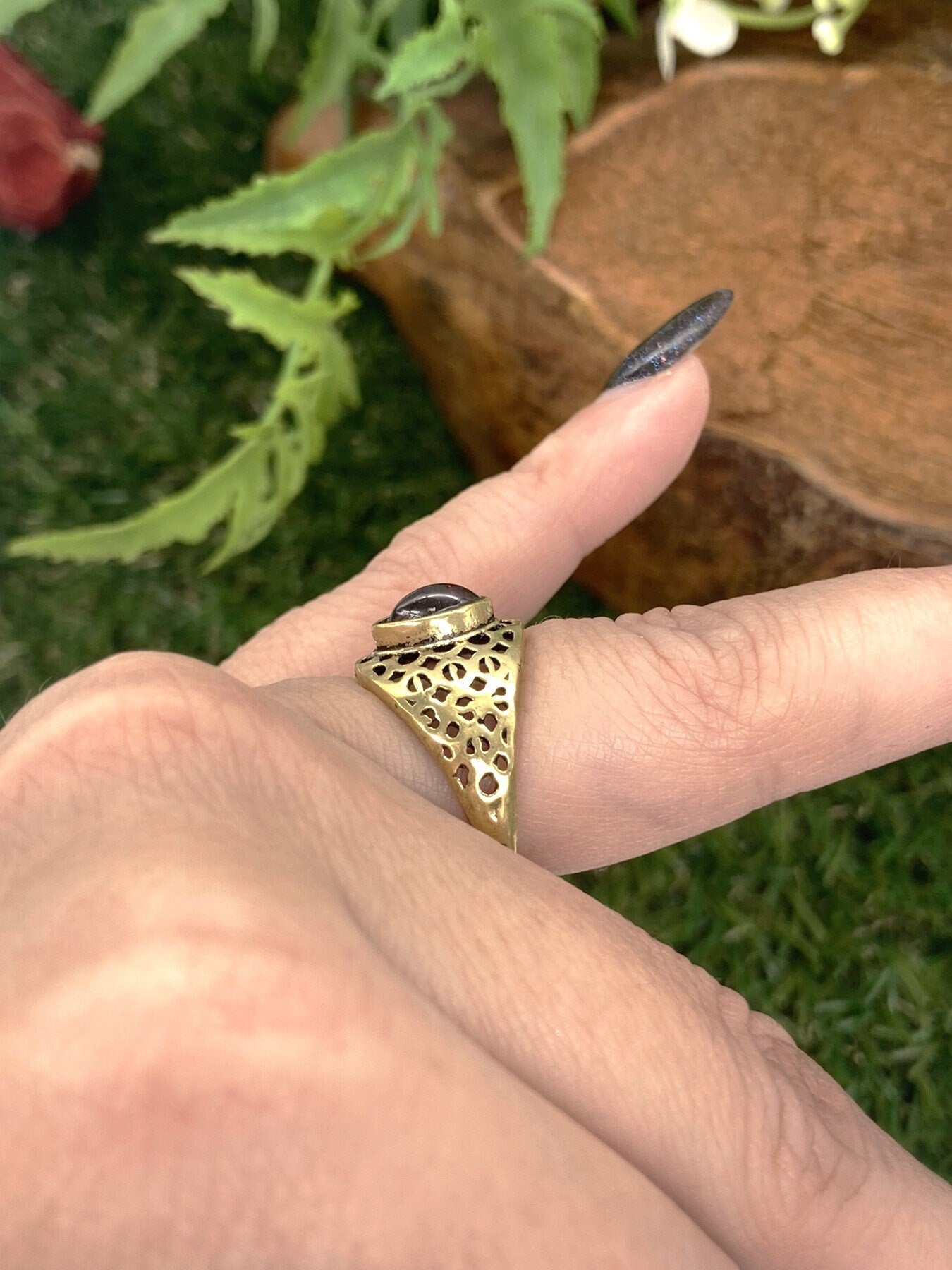 Red Garnet Crystal Brass Ring