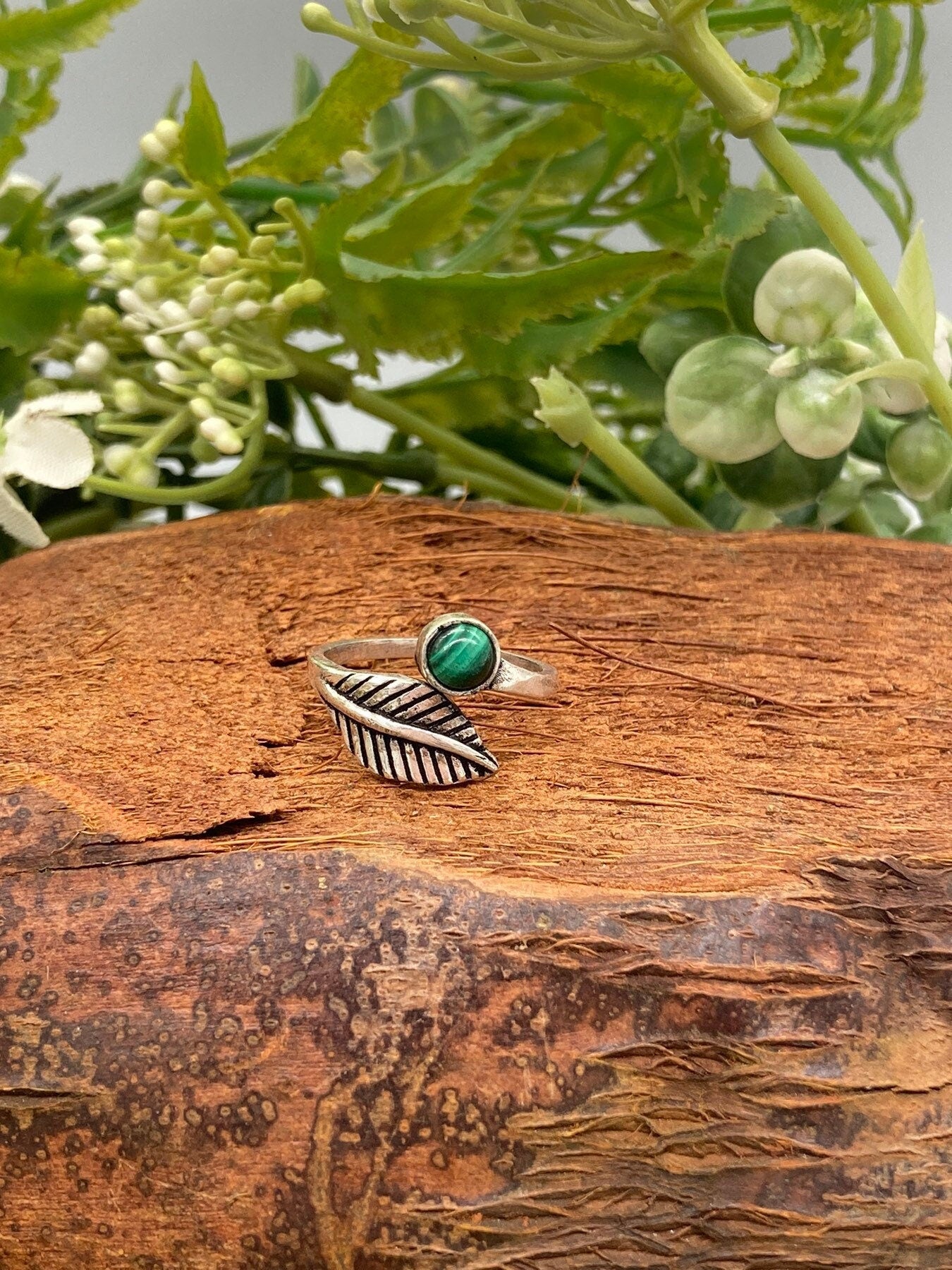 Malachite Crystal Silver Plated Adjustable Ring