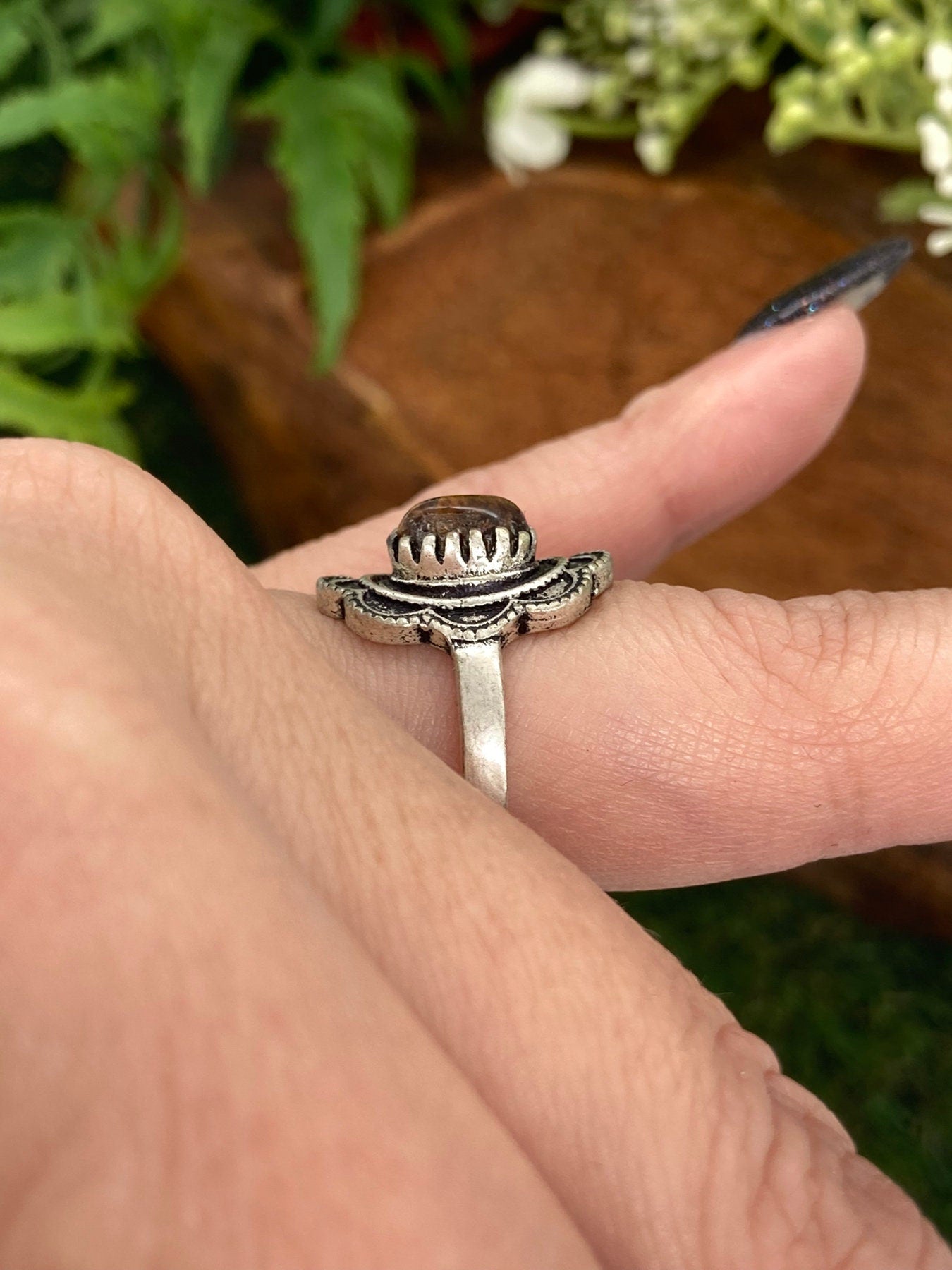 Tiger's Eye Crystal Silver Plated Adjustable Ring