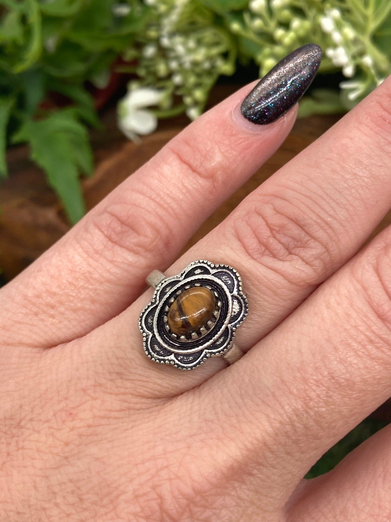 Tiger's Eye Crystal Silver Plated Adjustable Ring