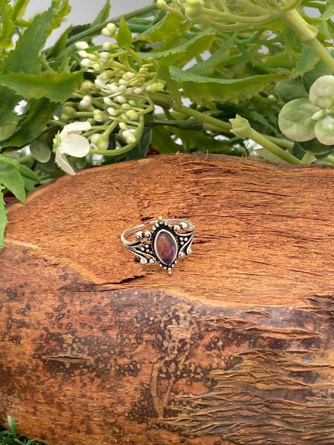 Amethyst Crystal Silver Plated Adjustable Ring