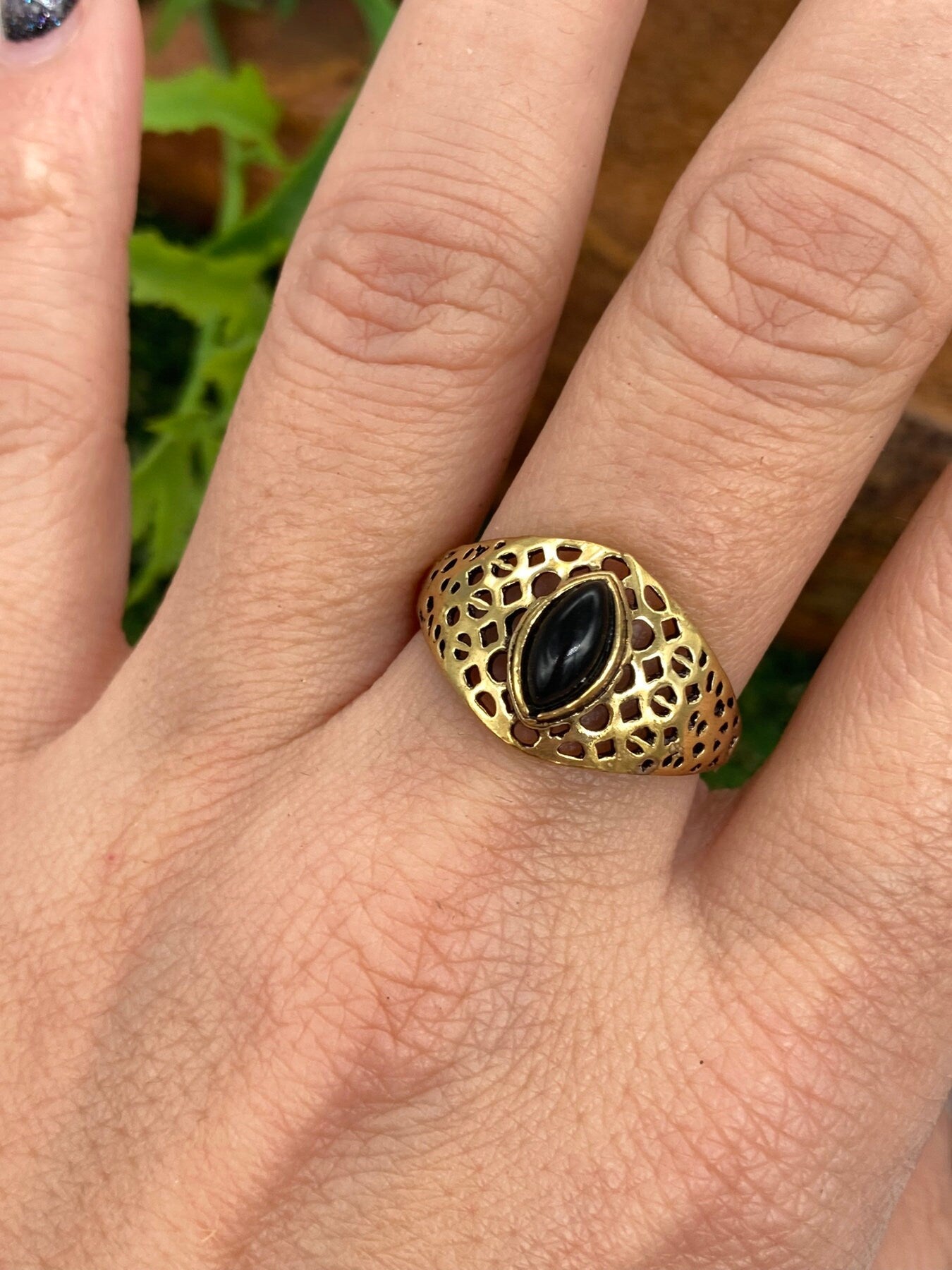 Black Obsidian Crystal Brass Ring