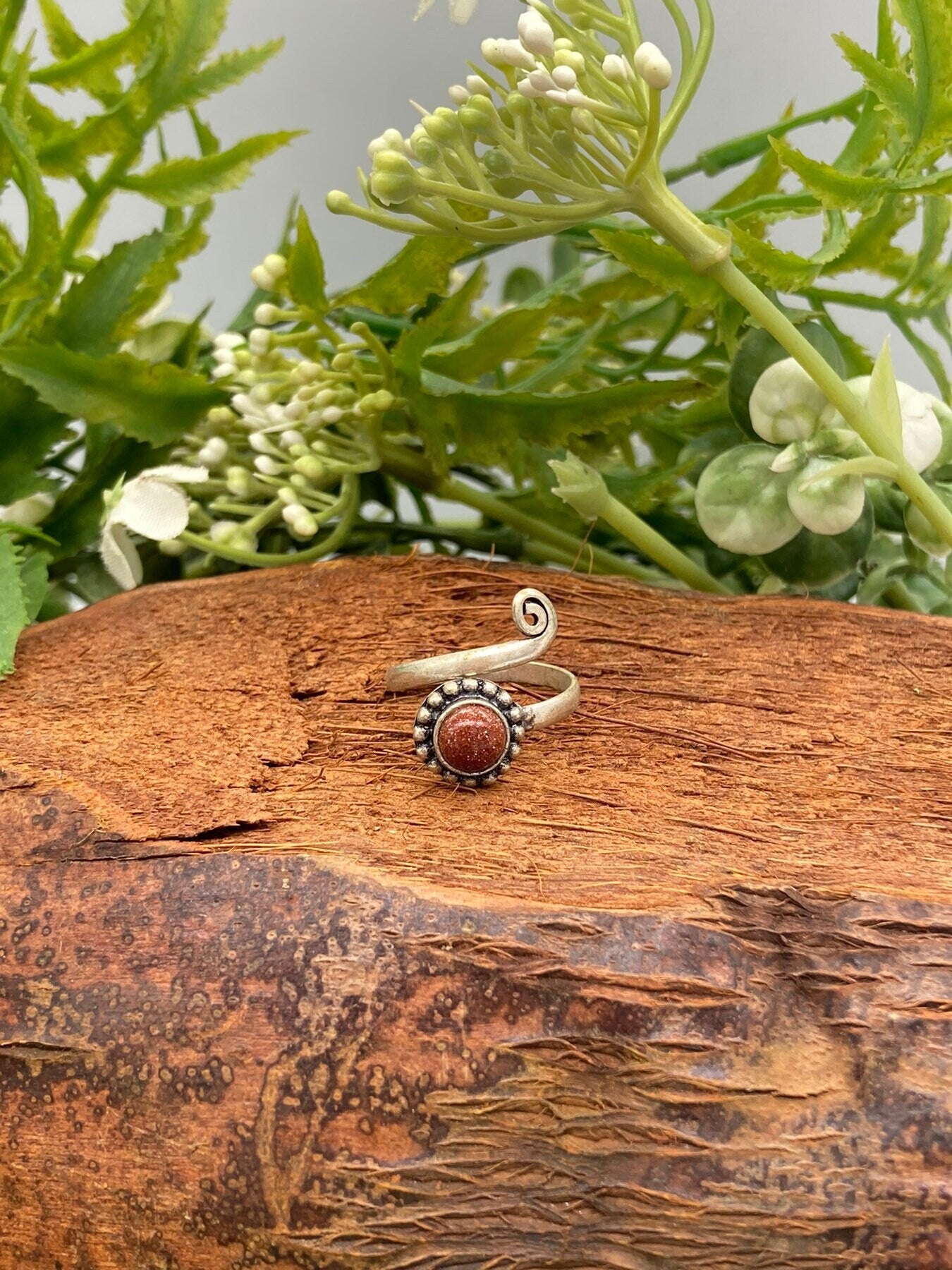 Goldstone Crystal Silver Plated Adjustable Ring