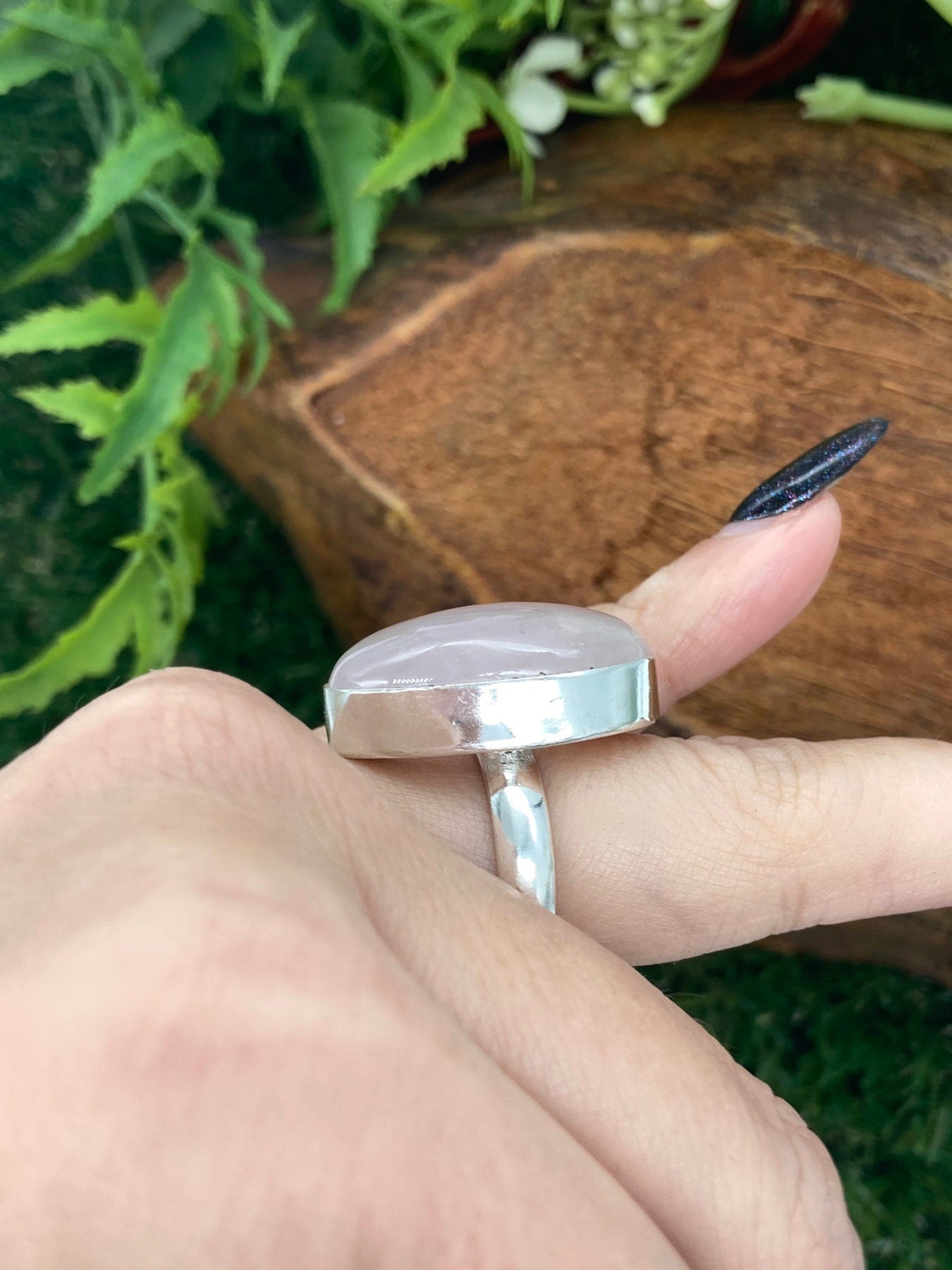 Rose Quartz Crystal Silver Plated Adjustable Statement Ring