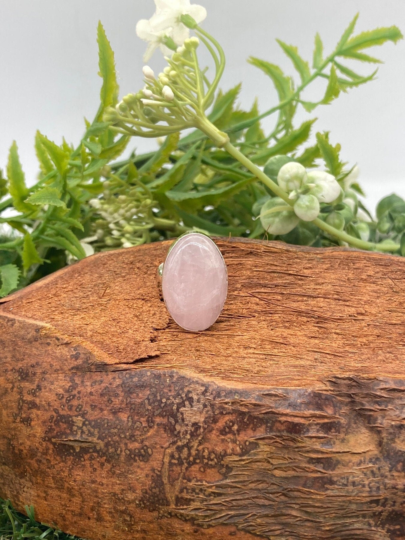 Rose Quartz Crystal Silver Plated Adjustable Statement Ring