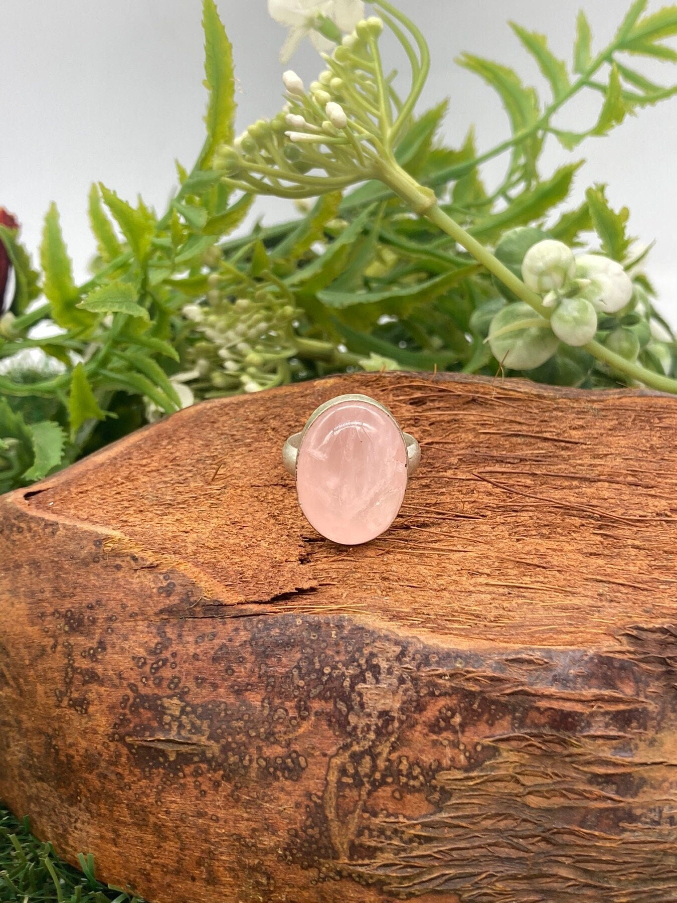 Rose Quartz Crystal Silver Plated Adjustable Statement Ring