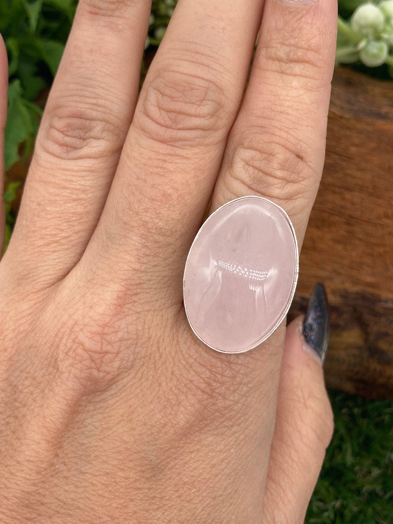 Rose Quartz Crystal Silver Plated Adjustable Statement Ring