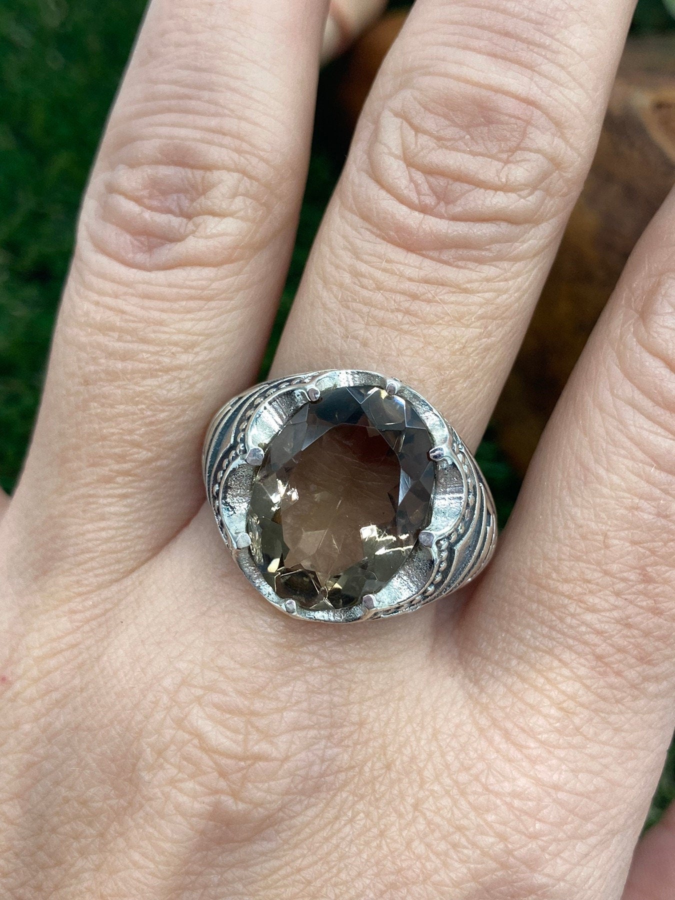 Smoky Quartz Crystal Silver 925 Faceted Statement Ring Top Quality Handmade