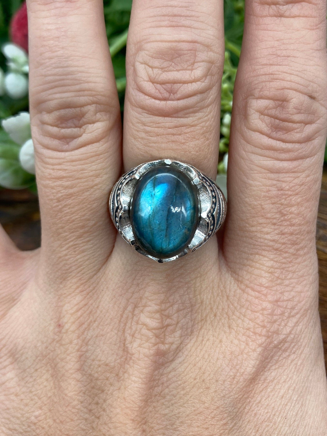 Labradorite Crystal Sterling Silver 925 Cabochon Cut Statement Ring Top Quality Handmade