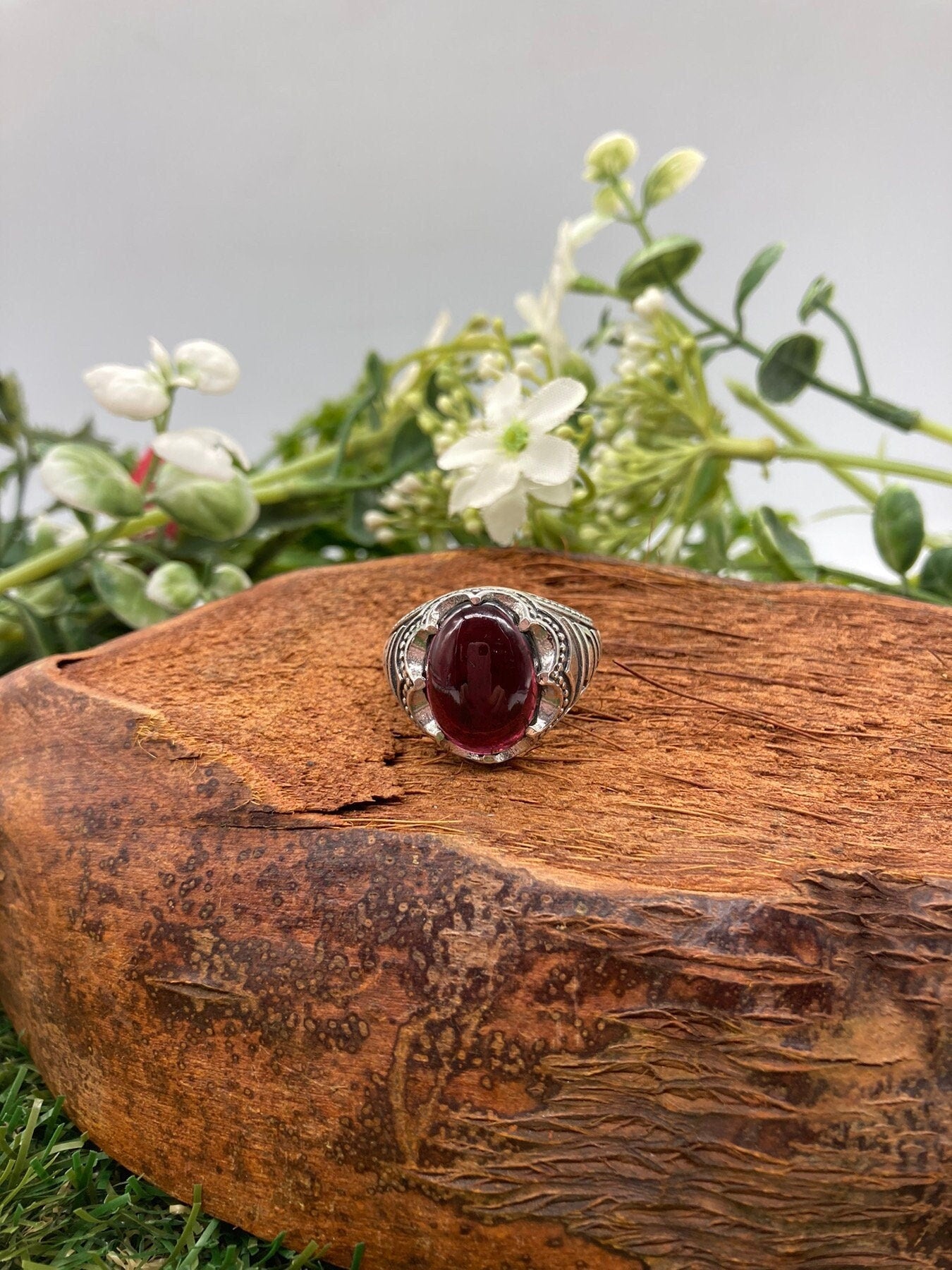 Red Garnet Crystal Sterling Silver 925 Cabochon Cut Statement Ring Top Quality Handmade